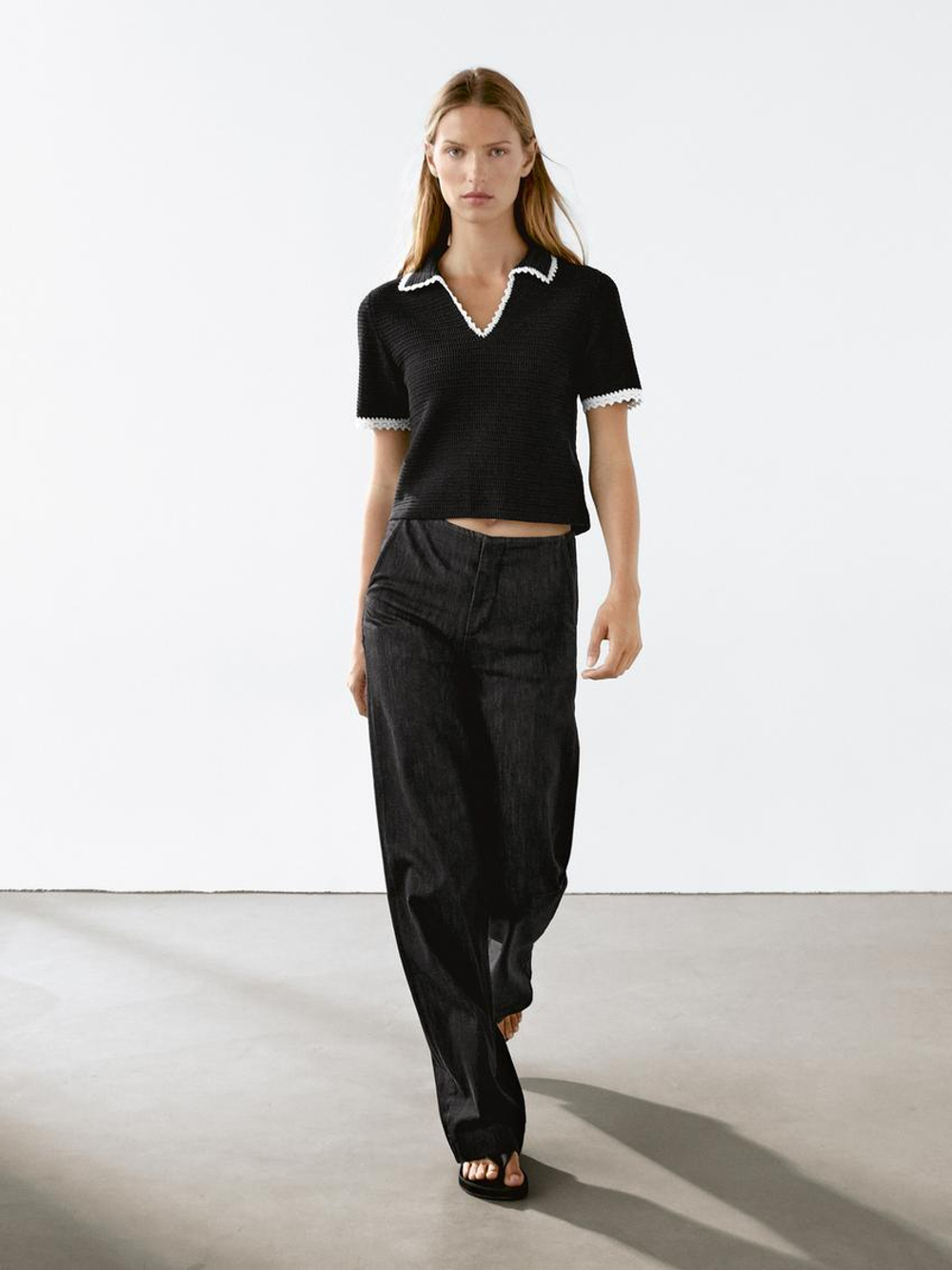 Massimo Dutti Поло из 100% хлопка с короткими рукавами, черный