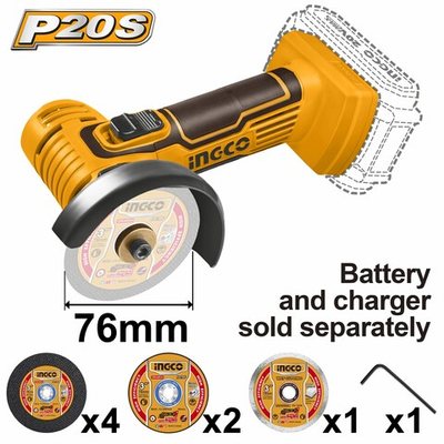 Аккумуляторная мини-угловая шлифмашина 20В 76мм без АКБ и ЗУ INGCO INDUSTRIAL CAGLI7601