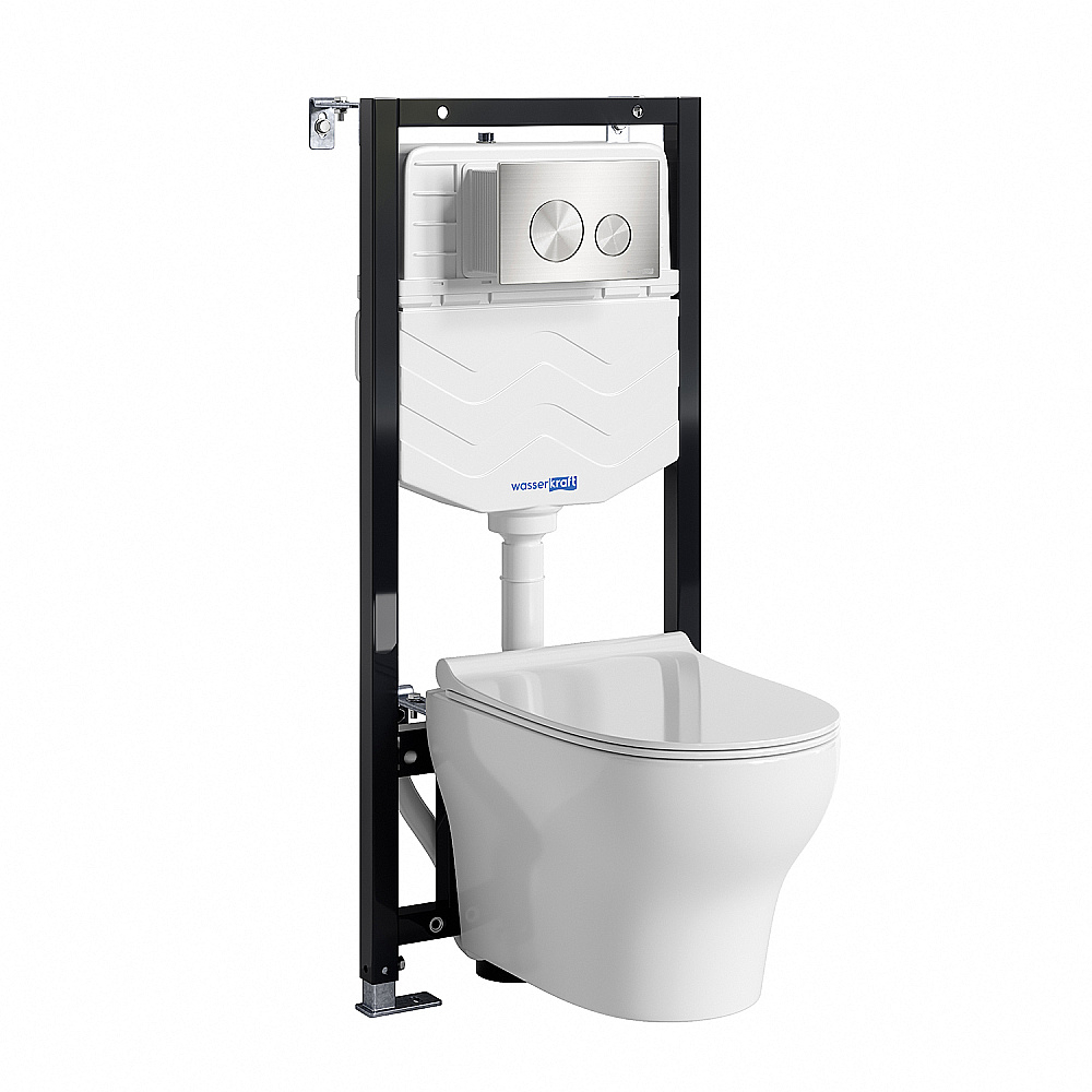 Унитаз подвесной WasserKRAFT Berkel 10TLT.010.ME.BN02.H001 безободковый, с инсталляцией Aller 10, с крышкой микролифт, белый/кнопка никель
