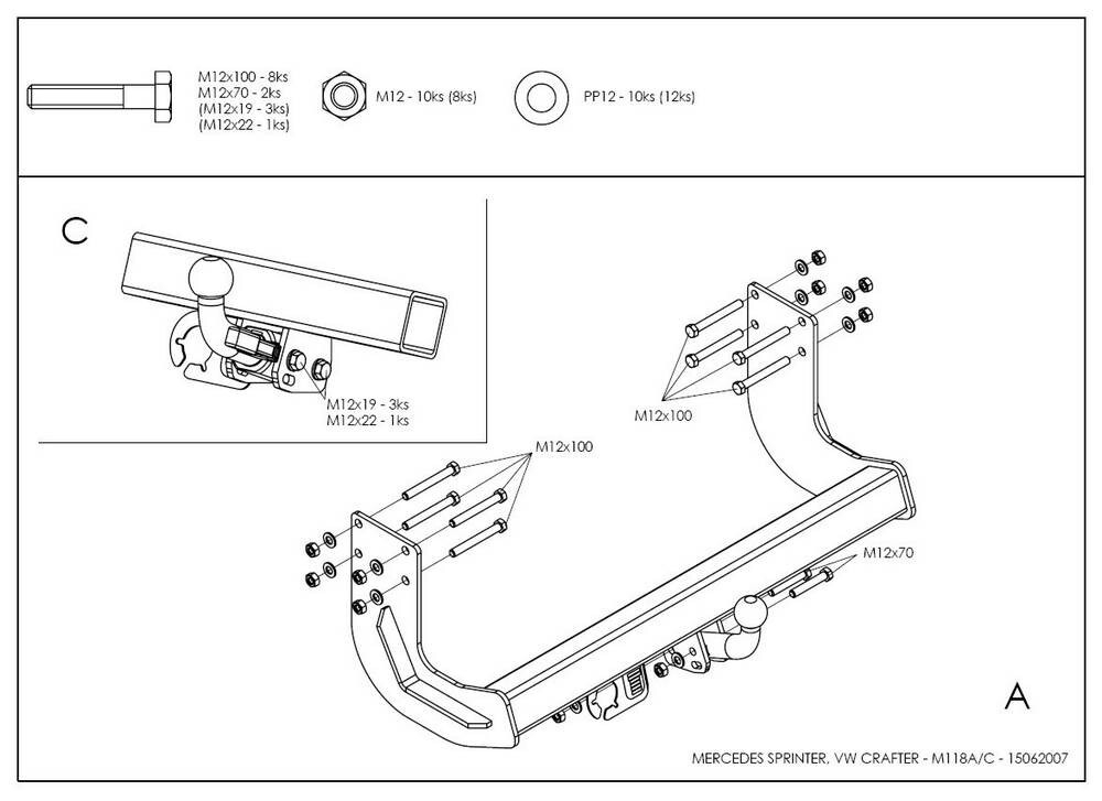 Фаркоп оцинкованный Galia M118C для Mercedes Sprinter 2006-, Volkswagen Crafter 2006-(паспорт и сертификат в комплекте)(без электрики)