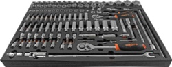 Набор головок торцевых 1/4"DR(4-14 мм), 3/8"DR (8-22 мм), 1/2"DR (8-32 мм), с аксессуарами в EVA ложементе 560x375 мм, 111 предметов Ombra OMT111STE