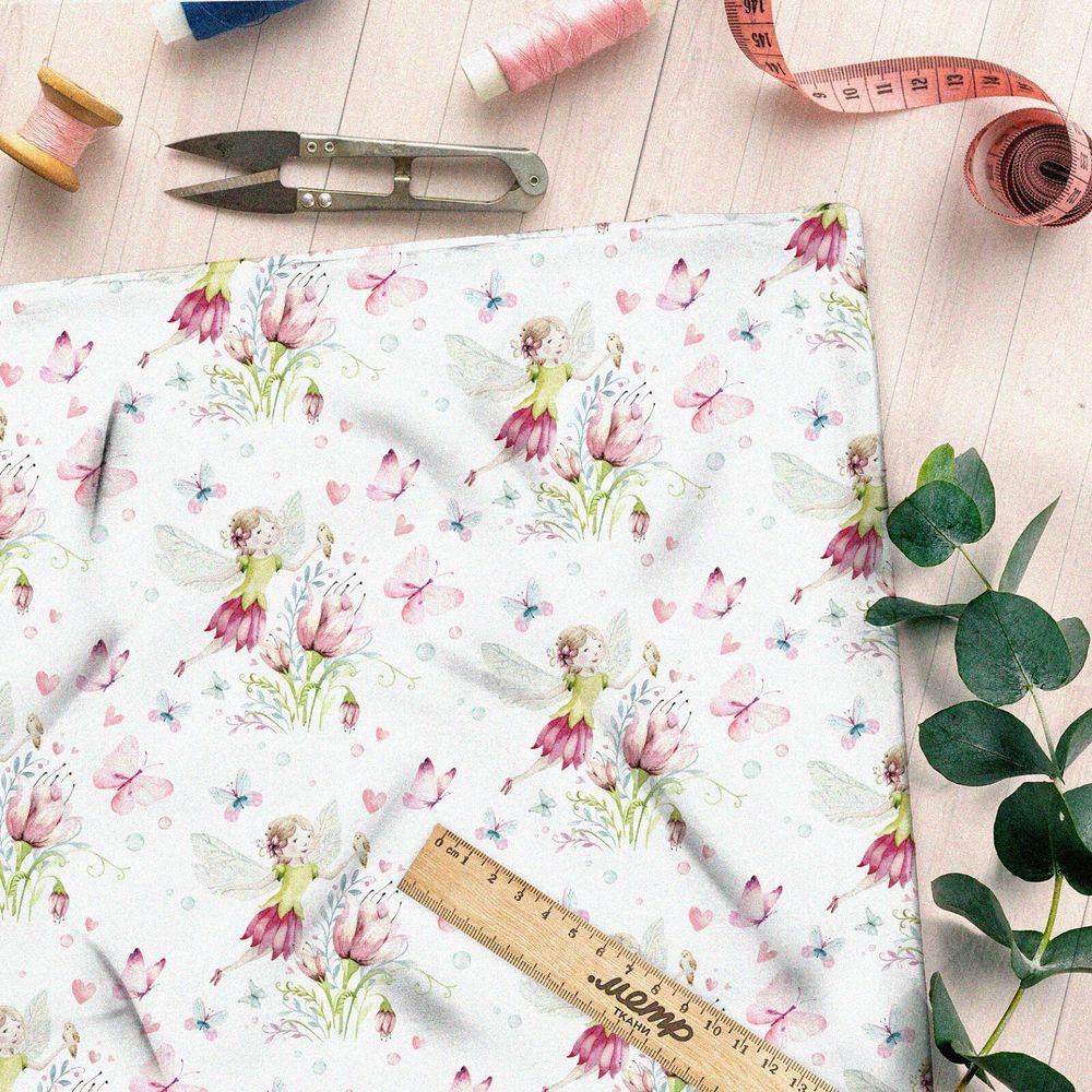 Ткань кулирная гладь фея в цветочках