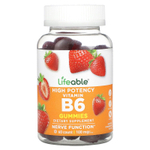Lifeable, высокоэффективный витамин B6, со вкусом натуральной клубники, 60 жевательных таблеток (50 мг в 1 жевательной таблетке)