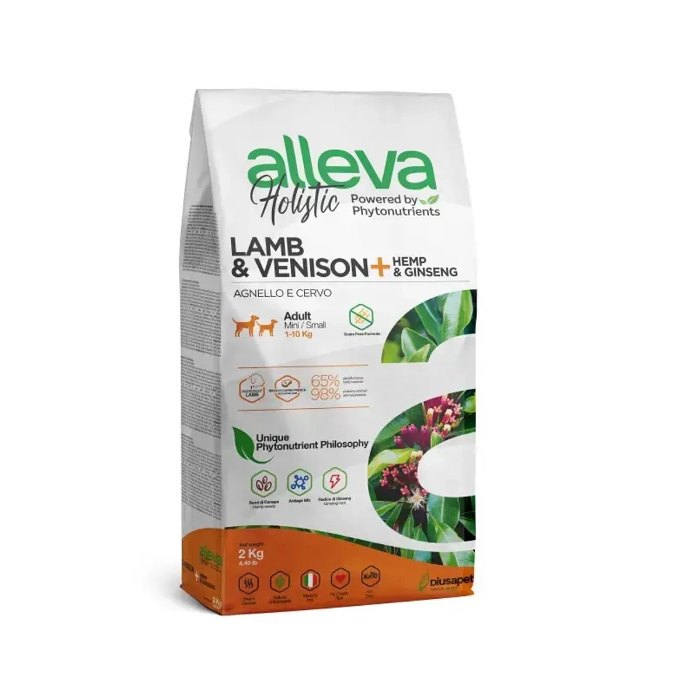 Alleva holistic adult lamb & venison mini сухой корм для взрослых собак с ягненком и олениной, коноплей и женьшенем - 2 кг