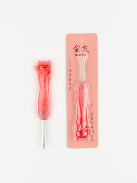 крючок с ручкой-котиком ярко-розовый