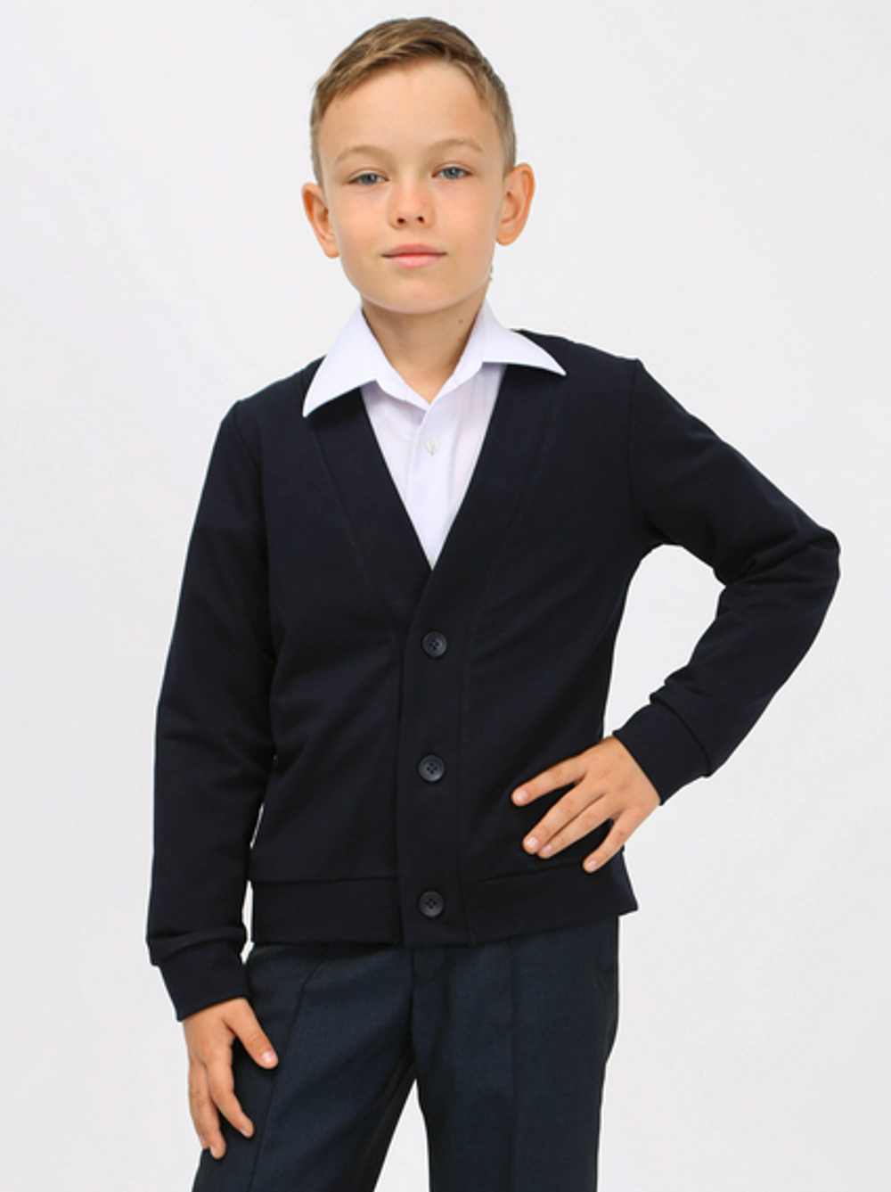 Кардиган д/мал "Гарри-1" р-р 164, тёмно-синий (Ивашка)