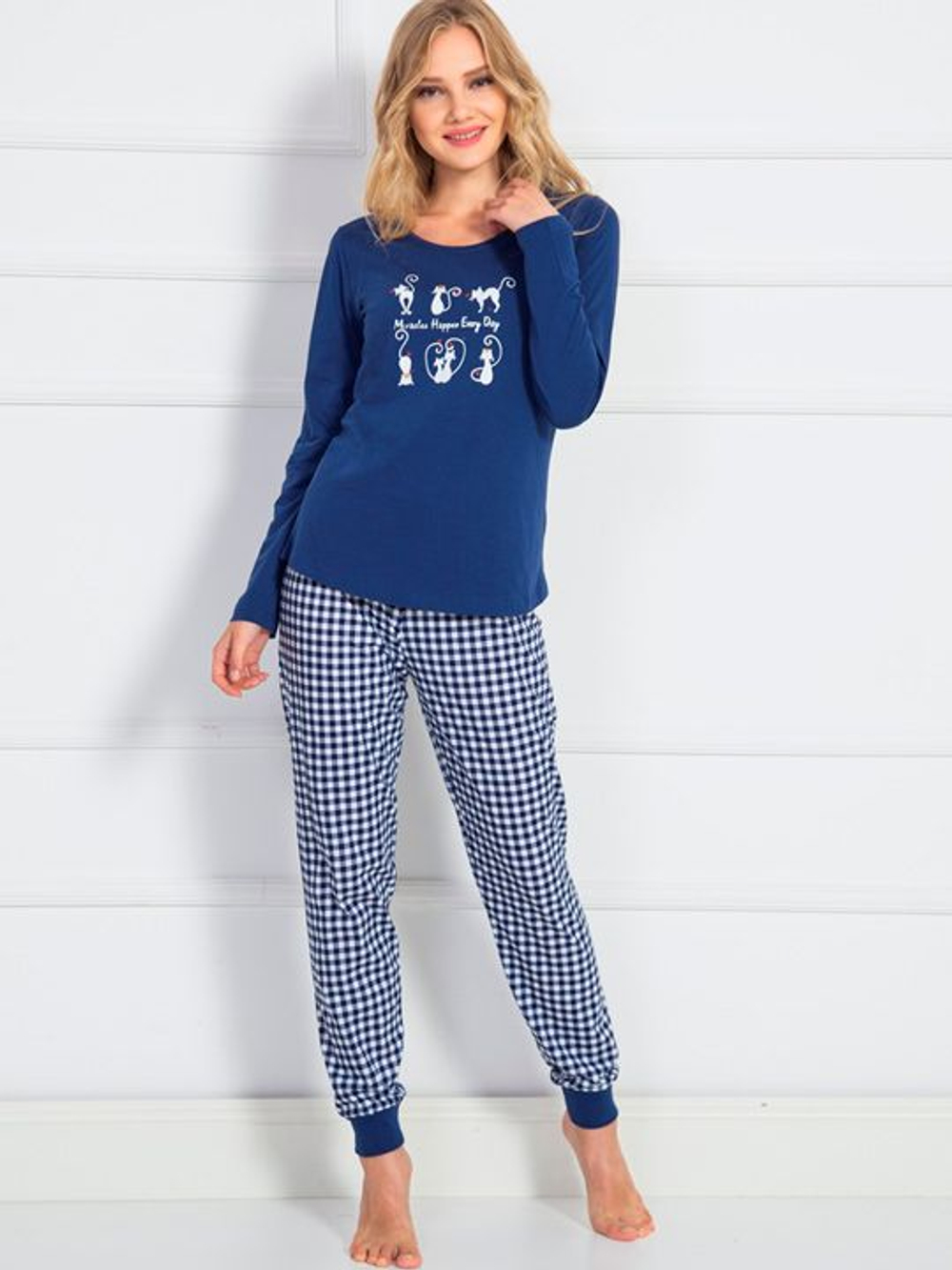 Женский домашний комплект с брюками в клеточку (Размер: L) (Цвет: темно-синий)