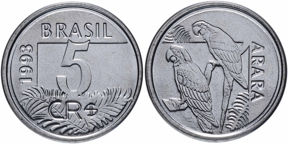 Бразилия 5 крузейро реал, 1993 - 1994 Попугай XF