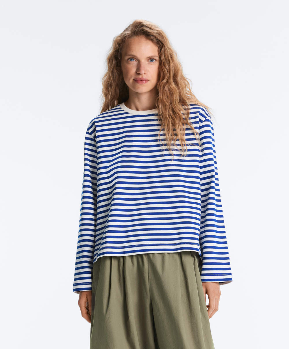 Oysho Футболка Boxy в полоску из 100%-го хлопка с длинными рукавами, синий электрик