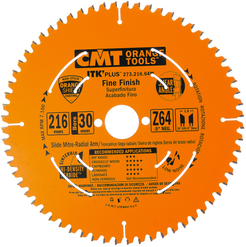 Диск пильный 216x30x1,8/1,2 -5° 10° ATB + 8° SHEAR Z=64 CMT 273.216.64M