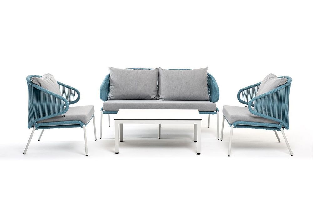 "Милан" лаунж-зона 4-местная плетеная из роупа (веревки), каркас алюминиевый светло-серый, роуп бирюзовый