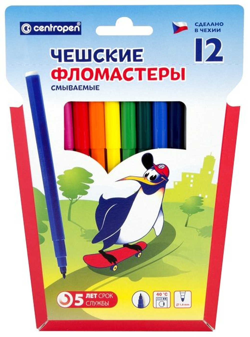 Фломастеры Centropen "Пингвины", 12цв., смываемые, картон, европодвес