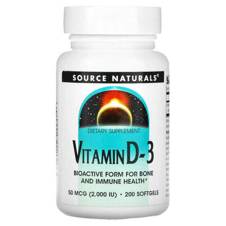 Витамин D Source Naturals, Витамин D-3, 2000 международных единиц, 200 мягких капсул
