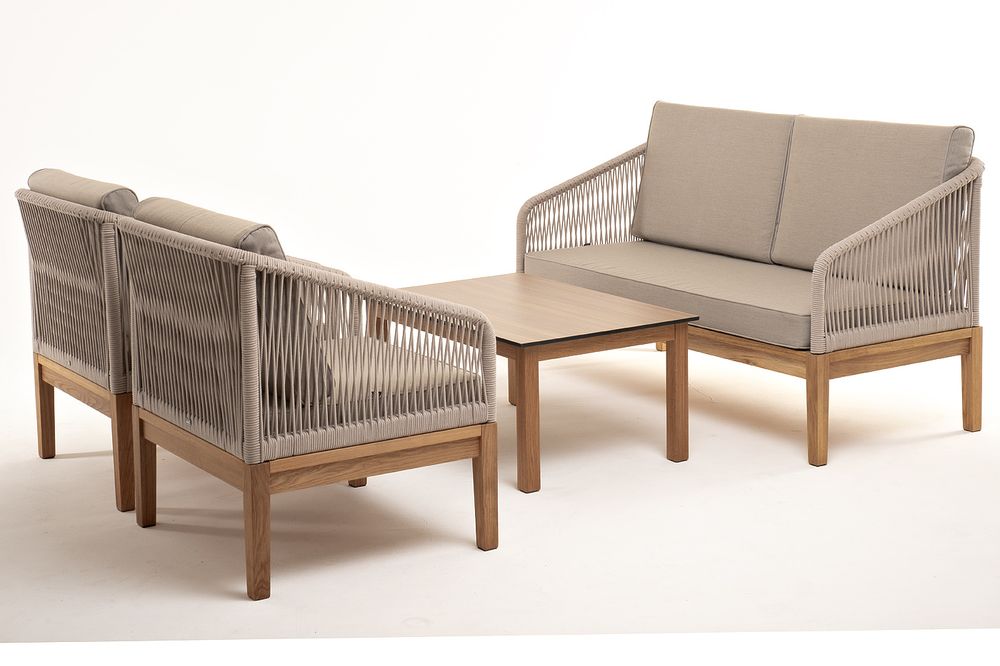 "Канны" лаунж-зона 4-местная из роупа со столиком "Канны" цвета "дуб", основание дуб, роуп бежевый
