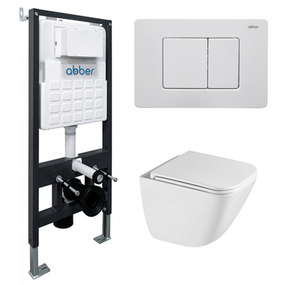 Комплект подвесной унитаз ABBER Rechteck AC1220TC белый, с закрытым дном с инсталляцией AC0105 и кнопкой AC0120MW белая матовая