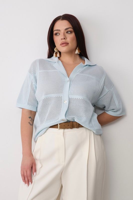 Рубашка вязаная ажурная на пуговицах, голубой