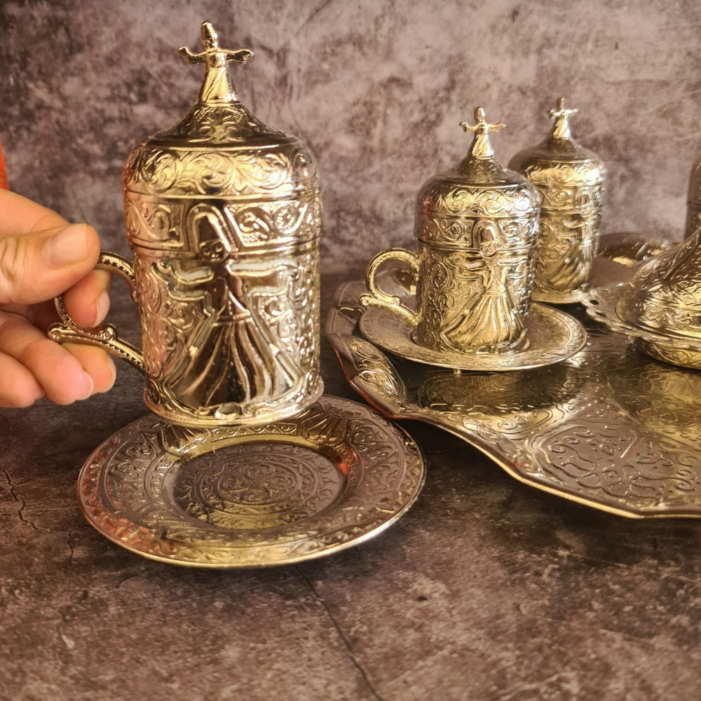 Кофейный набор "Дервиш" на 6 персон с подносом/ACAR. Турция (серебристый 27 предметов)