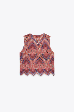 ZARA ТОП С АЖУРНОЙ ВЫШИВКОЙ, РАЗНОЦВЕТНЫЙ