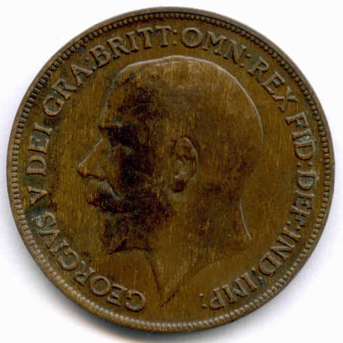 1 пенни 1921 год. Великобритания (Георг V). Бронза, диаметр 30.8 мм. XF