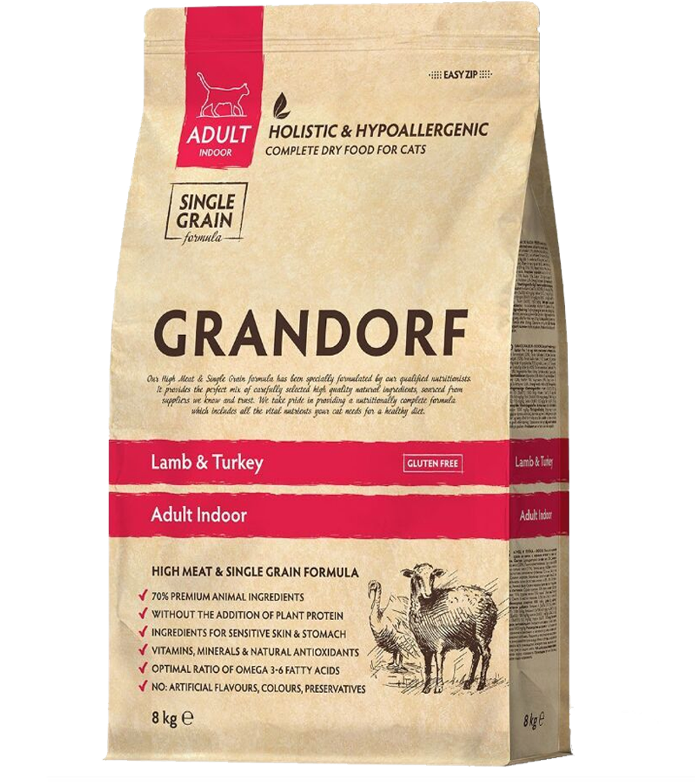 Grandorf Indoor Holistic для домашних кошек, ягненок с индейкой 1кг. развес