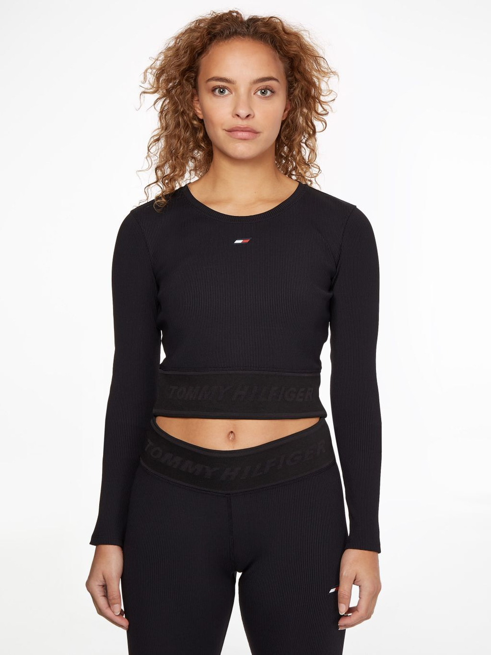 Женская теннисная футболка (dł. Рукава) Tommy Hilfiger Slim Branded Rib Cropped Tee LS - black