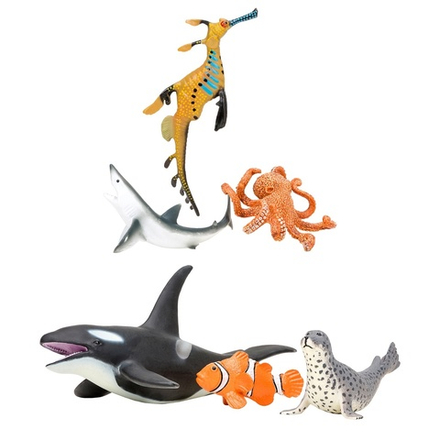 Фигурки игрушки серии "Мир морских животных": Акула, касатка, осьминог, рыба-клоун, морской леопард, морской дракон