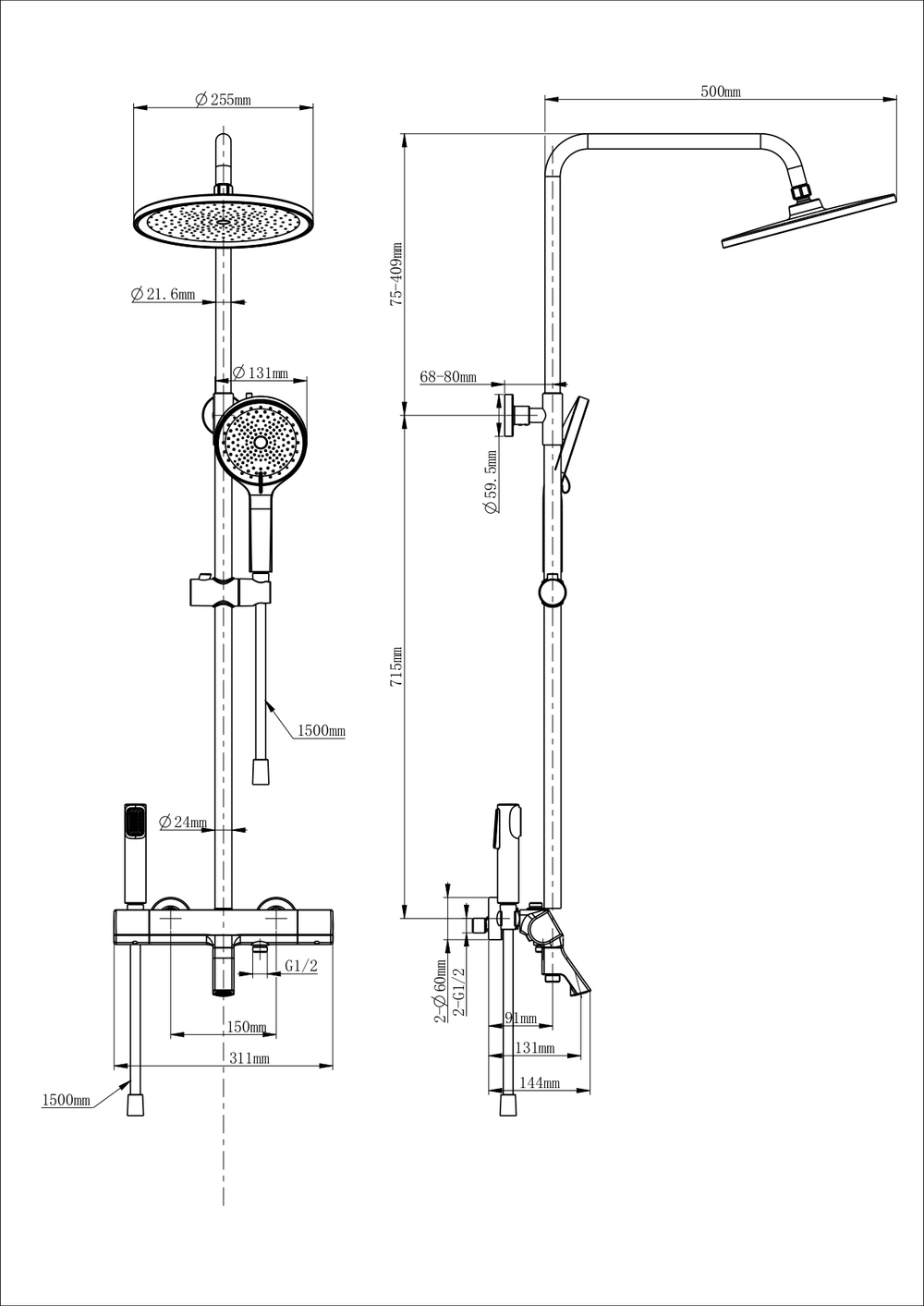Душевая система с термостатом WONZON & WOGHAND The ONE, Черный матовый (WW-B3094-MB)