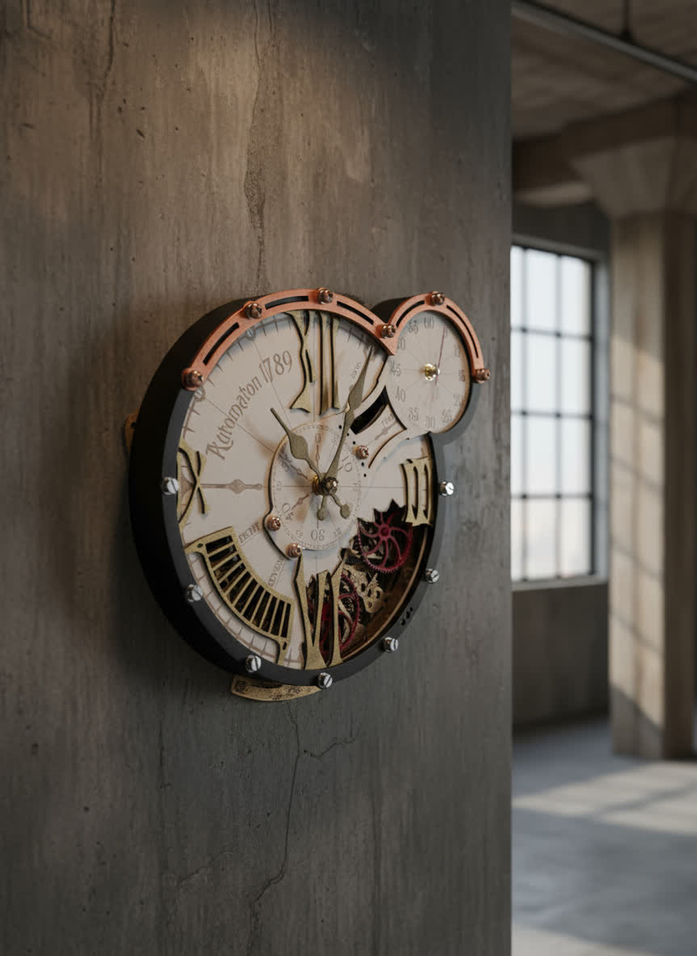 Настенные часы WOODandROOT Automaton 1789 Hermitage в интерьере лофт с бетонной стеной и мягким дневным светом