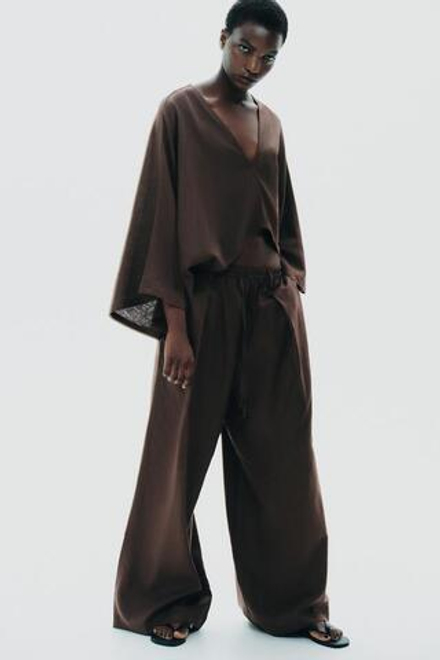 ZARA БРЮКИ ИЗ ЛЬНА, КОРИЧНЕВЫЙ
