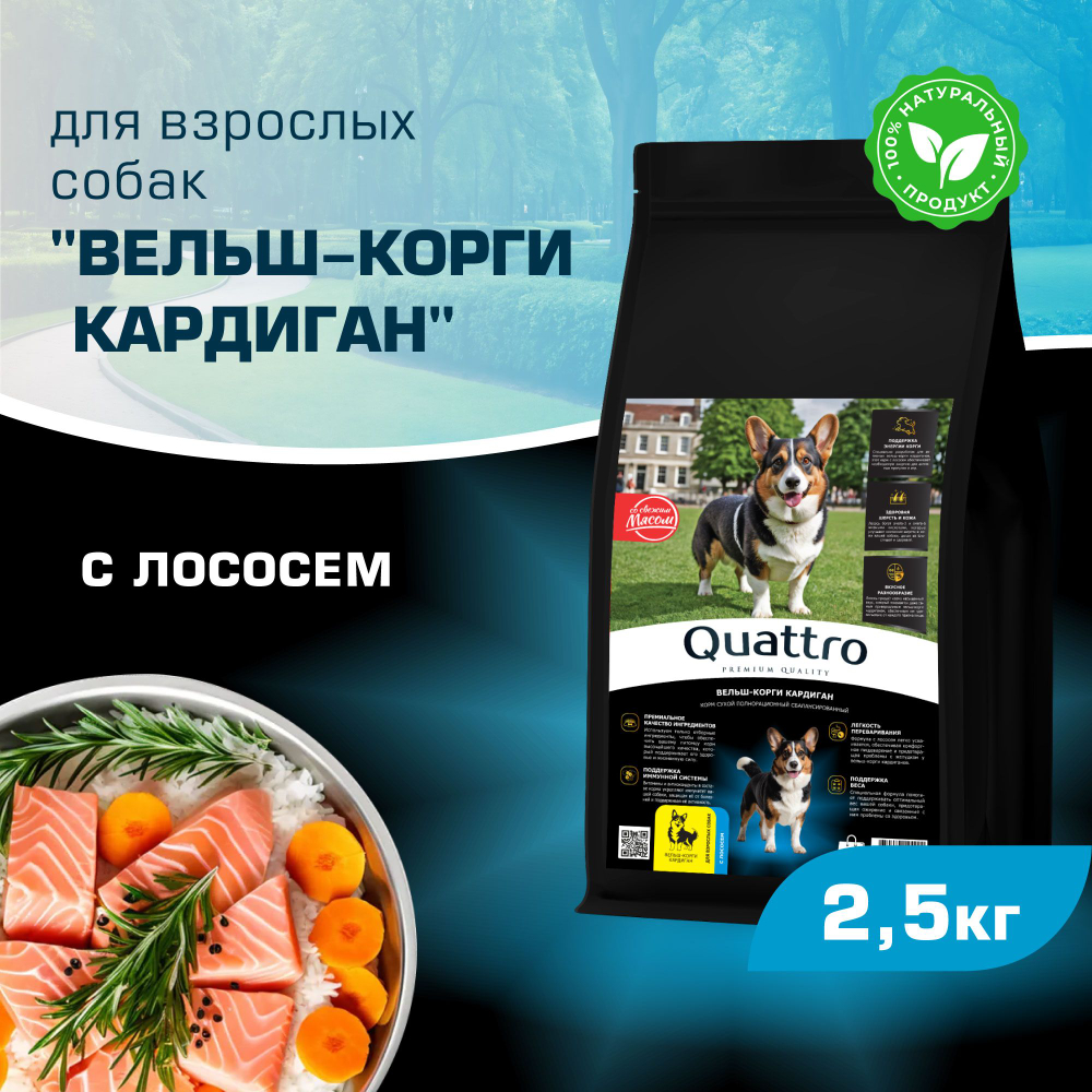 Корм для взрослых собак породы Вельш-корги кардиган, с лососем, 2,5 кг, QUATTRO