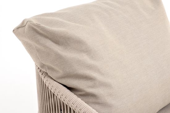 "Верона" кресло плетеное из роупа, каркас алюминий белый муар, роуп бежевый круглый, ткань бежевая 15052 высота посадки 43,5 см