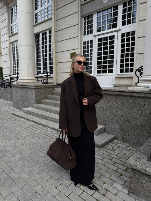 Пальто из твида однобортное укороченное коричневое