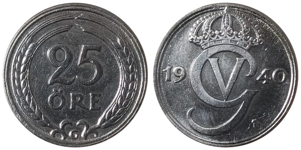 Швеция 25 эре, 1921-1947 Король Густав V XF