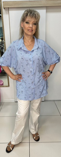 Голубая в мелкую полоску блузон-рубашка на пуговицах