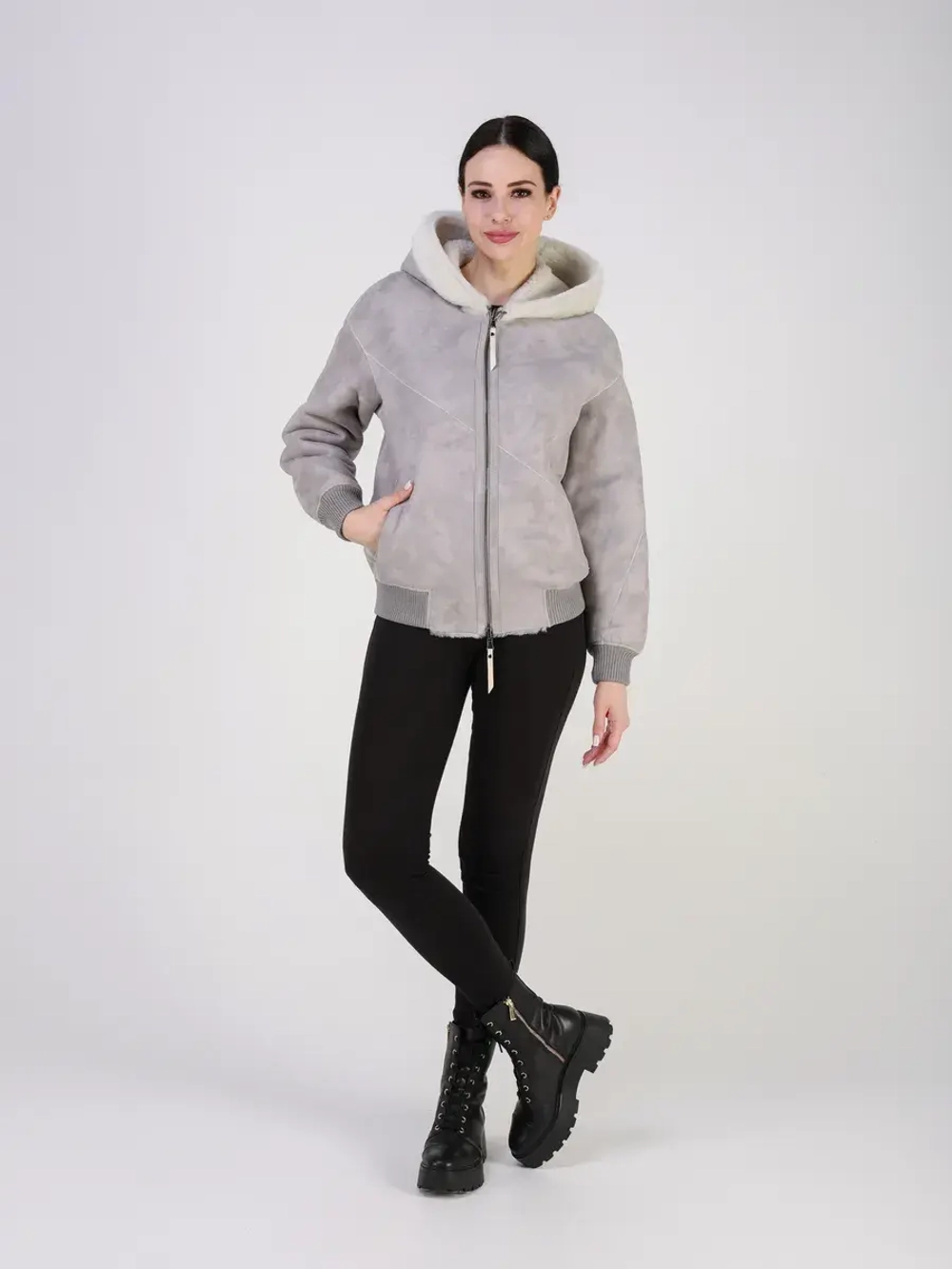 Двусторонняя дубленка зимняя шуба натуральная с капюшоном