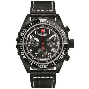 С ремешком Мужские наручные часы с черным кожаным ремешком Swiss Alpine Military 7076.9577 chrono 44mm 10ATM