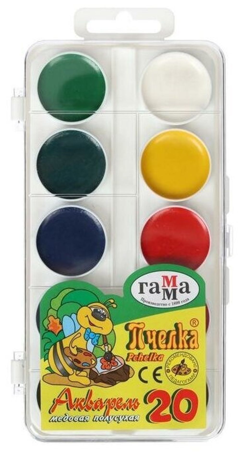 Краски акварельные ГАММА "Пчелка", 20 цветов, медовые, без кисти, пластиковая коробка, европодвес, 212033