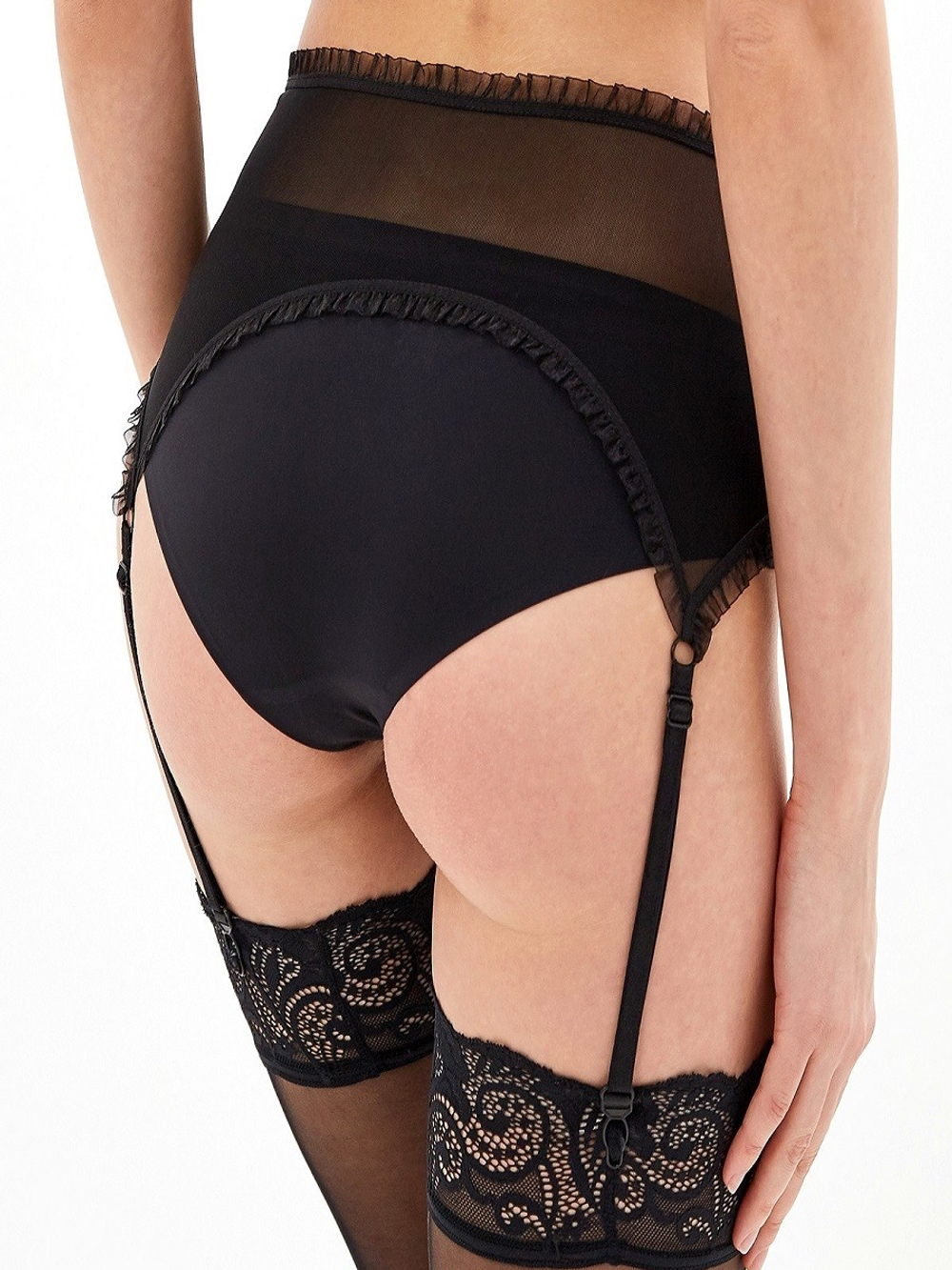 Дерзкий пояс для чулок с черной сеткой Le Frivole черный 46-48