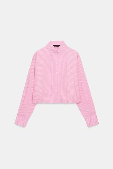 ZARA РУБАШКА ИЗ ПОПЛИНА В ПОЛОСКУ С РУКАВАМИ-БУФФ, РОЗОВЫЙ/БЕЛЫЙ