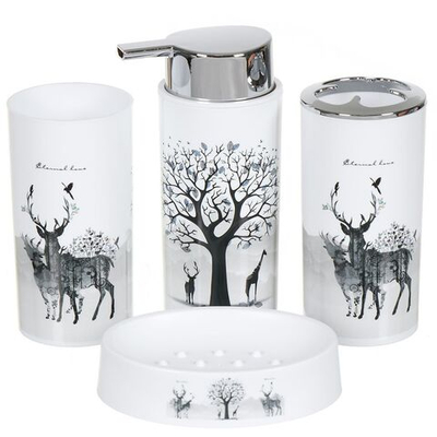 Набор для ванной 4 пр, Олени, бел, пластик, стак,подс д/зуб щет,дозат д/мыла,мыл-ца, Y9-076