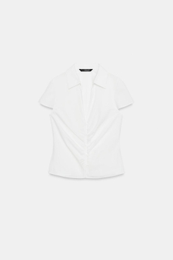 ZARA ПРИТАЛЕННАЯ РУБАШКА СО СБОРКАМИ, БЕЛЫЙ