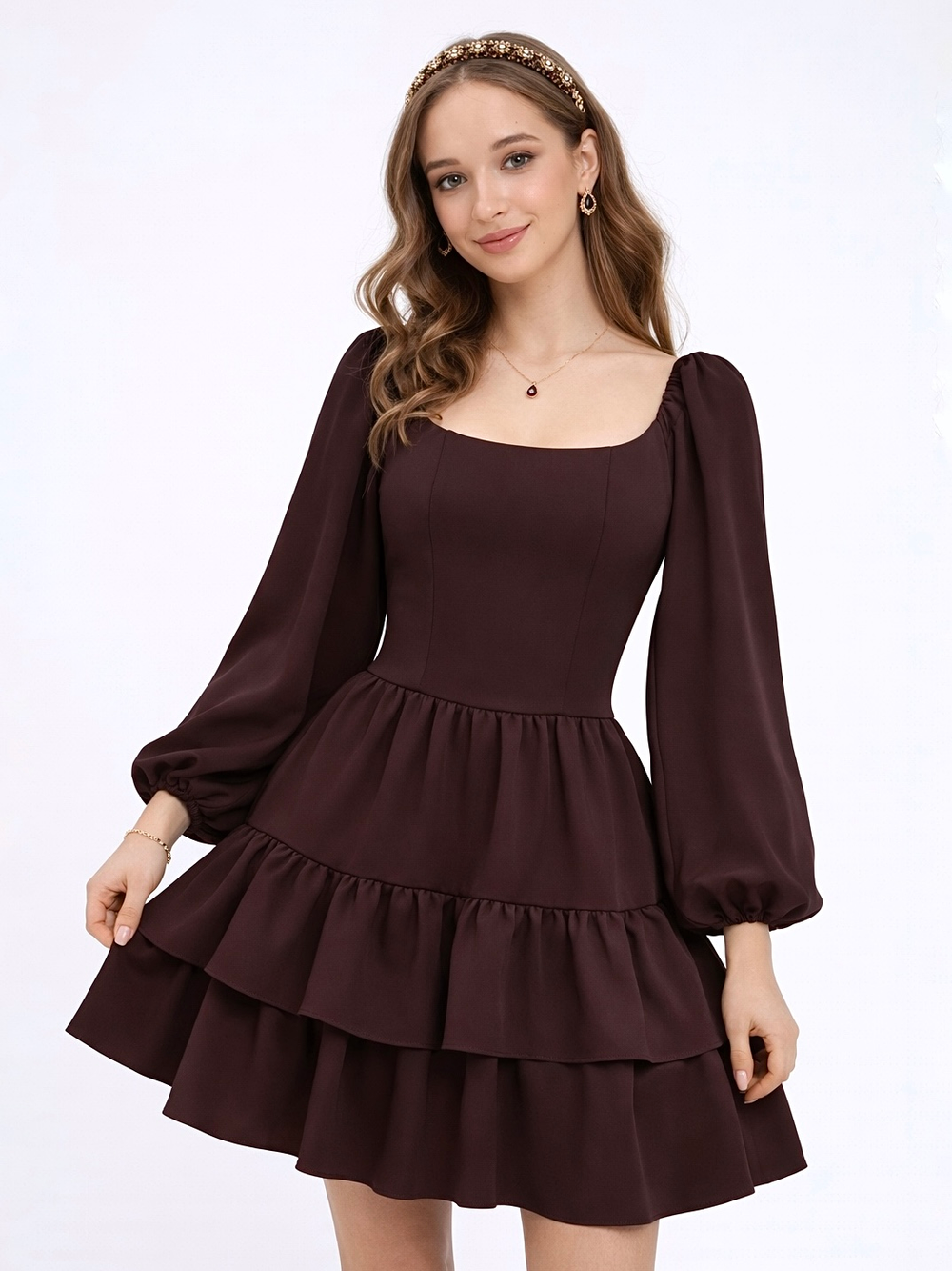 Платье праздничное ярусное с воланами для девочки коричневое