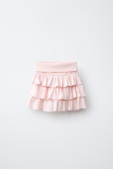 ZARA ЮБКА-ШОРТЫ С ВОЛАНАМИ И ОТВОРОТАМИ, ПАСТЕЛЬНО-РОЗОВЫЙ