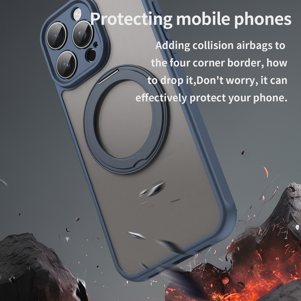 Матовый синий чехол с магнитным поворотным кольцом для iPhone 16 Pro, поддержка MagSafe