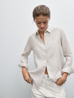 Massimo Dutti Рубашка из струящегося льна в тонкую полоску, коричневый