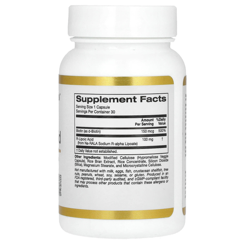 California Gold Nutrition, стабилизированная R-липоевая кислота с биотином, 30 растительных капсул