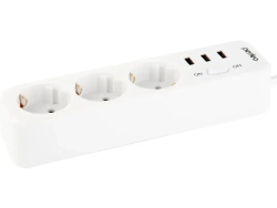 Сетевой фильтр Perfeo "POWER STREAM", 2500W, двойная защита, 2м, 3 розетки, 3 USB, белый.