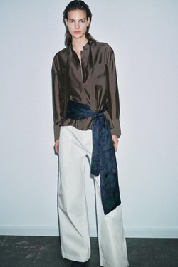 ZARA РУБАШКА С КАРМАНАМИ И ЗАВЯЗКАМИ — ZW COLLECTION, СЕРОВАТО-КОРИЧНЕВЫЙ