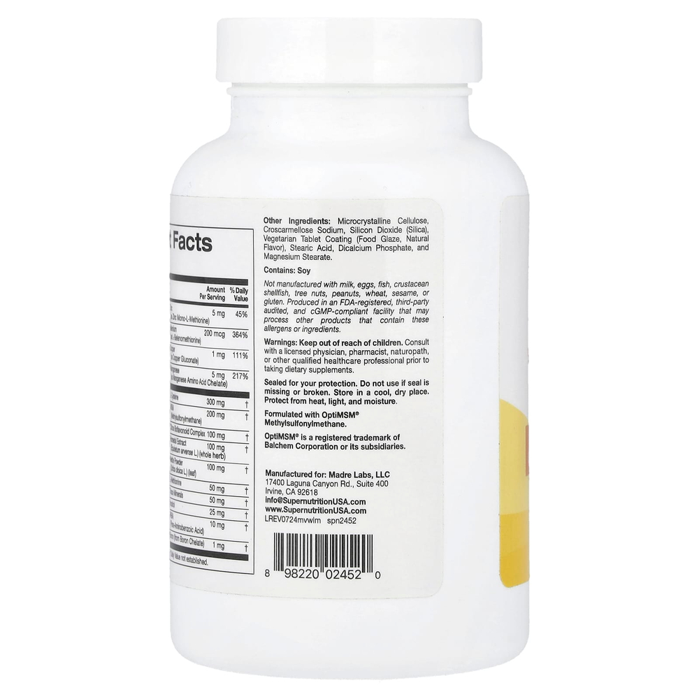 Super Nutrition, мультивитамины с L-цистеином, МСМ, витамином A и биотином, 180 таблеток