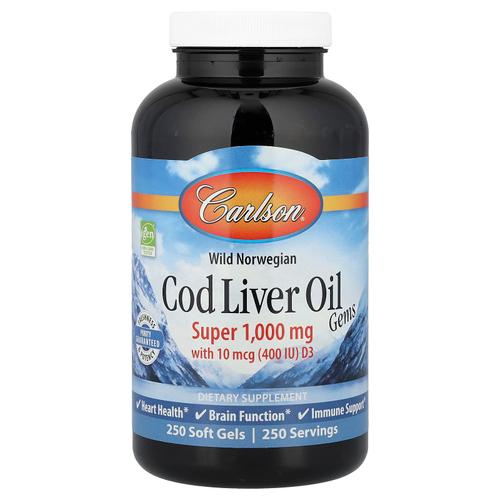 Carlson, Cod Liver Oil Gems, капсулы из жира печени дикой норвежской трески, высшего качества, 1000 мг, 250 капсул